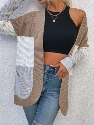Casual Regular Colour Block Open Front Long Sleeve Cardigan - Image 3