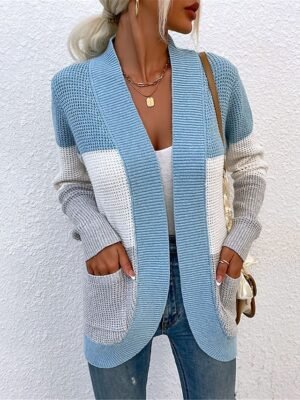Casual Regular Colour Block Open Front Long Sleeve Cardigan - Image 4