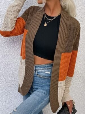 Casual Regular Colour Block Open Front Long Sleeve Cardigan - Image 6