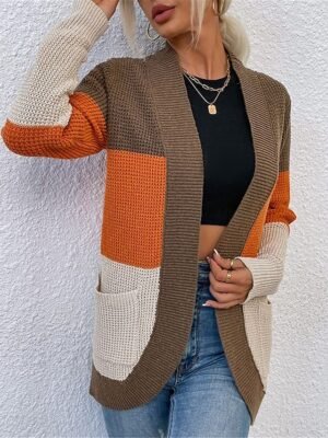 Casual Regular Colour Block Open Front Long Sleeve Cardigan - Image 7