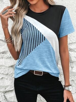 Casual Regular Colour Block Round Neck Short Sleeve Summer Top - Image 4