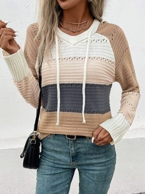 Casual Regular Colour Block V Neck Hooded Long Sleeve Pullover - Image 4