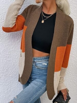 Casual Regular Colour Block V Neck Long Sleeve Cardigan - Image 1