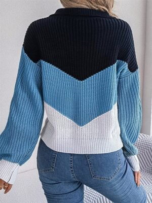 Casual Regular Colour Block V Neck Long Sleeve Knit Pullover - Image 14