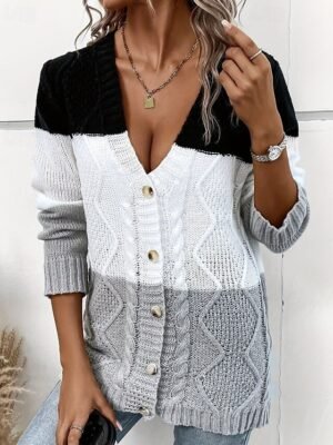 Casual Regular Colour Block V Neck Long Sleeve Cardigan - Image 2