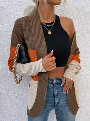 Casual Regular Colour Block V Neck Long Sleeve Cardigan - Image 3