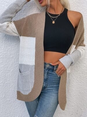 Casual Regular Colour Block V Neck Long Sleeve Cardigan - Image 4