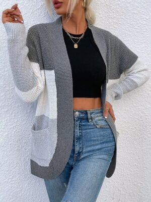 Casual Regular Colour Block V Neck Long Sleeve Cardigan - Image 5