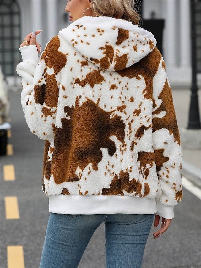 Casual Regular Cow Print Hoodie Long Sleeve Fleece Jacket - Image 2