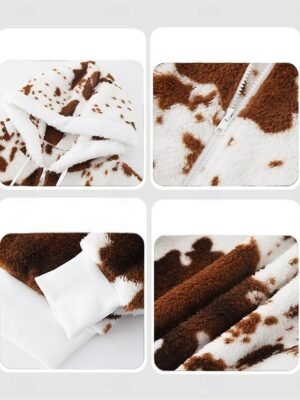 Casual Regular Cow Print Hoodie Long Sleeve Fleece Jacket - Image 3