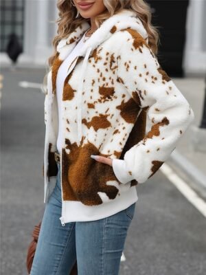 Casual Regular Cow Print Hoodie Long Sleeve Fleece Jacket - Image 4