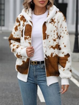 Casual Regular Cow Print Hoodie Long Sleeve Fleece Jacket - Image 6
