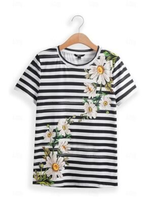Casual Regular Daisy Floral Stripe Print Round Neck Short Sleeve Summer Top - Image 4