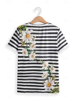 Casual Regular Daisy Floral Stripe Print Round Neck Short Sleeve Summer Top - Image 5