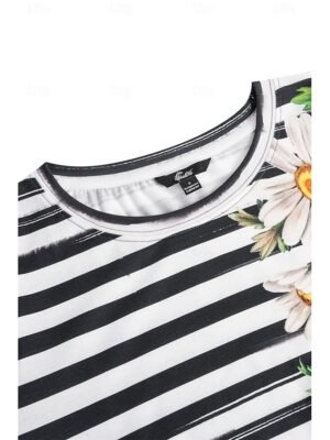 Casual Regular Daisy Floral Stripe Print Round Neck Short Sleeve Summer Top - Image 6