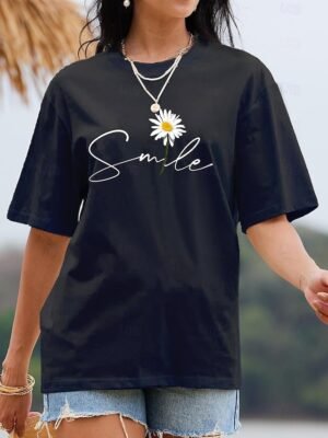 Casual Regular Daisy Print Round Neck Short Sleeve Tops - Image 5