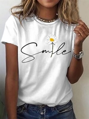 Casual Regular Daisy Print Round Neck Short Sleeve Tops - Image 7