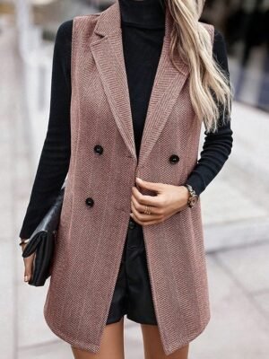 Casual Regular Double Breasted Turndown Sleeveless Long Vest - Image 1