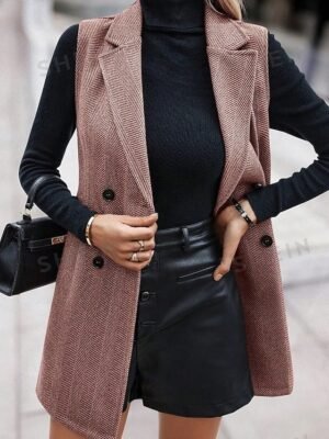 Casual Regular Double Breasted Turndown Sleeveless Long Vest - Image 3
