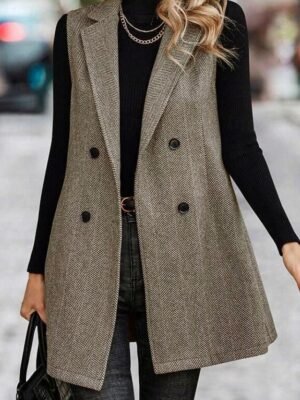 Casual Regular Double Breasted Turndown Sleeveless Long Vest - Image 5