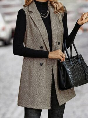 Casual Regular Double Breasted Turndown Sleeveless Long Vest - Image 7