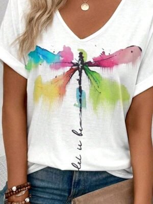 Casual Regular Dragonfly Letter V Neck Short Sleeve Summer T Shirt - Image 3