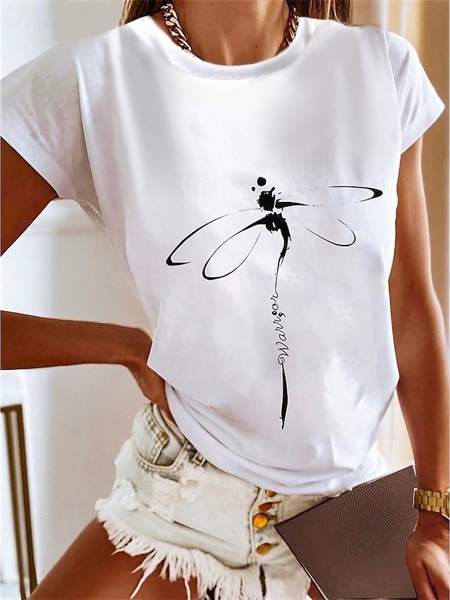 Casual Regular Dragonfly Print Round Neck Short Sleeve Tops - Image 1