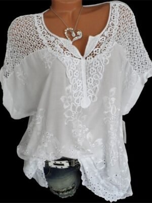 Casual Regular Embroidered V Neck Short Sleeve Lace Blouse - Image 1