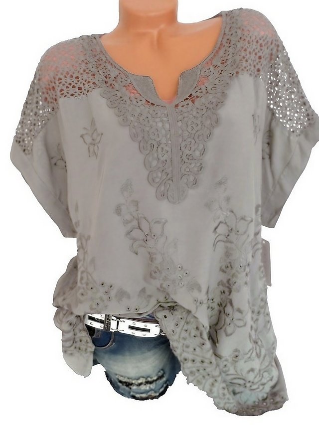 Casual Regular Embroidered V Neck Short Sleeve Lace Blouse - Image 2