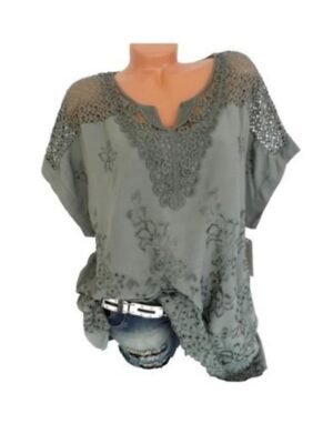 Casual Regular Embroidered V Neck Short Sleeve Lace Blouse - Image 7