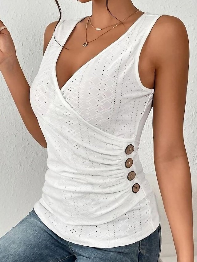Casual Regular Eyelet V Neck Sleeveless Tank Top - Image 1