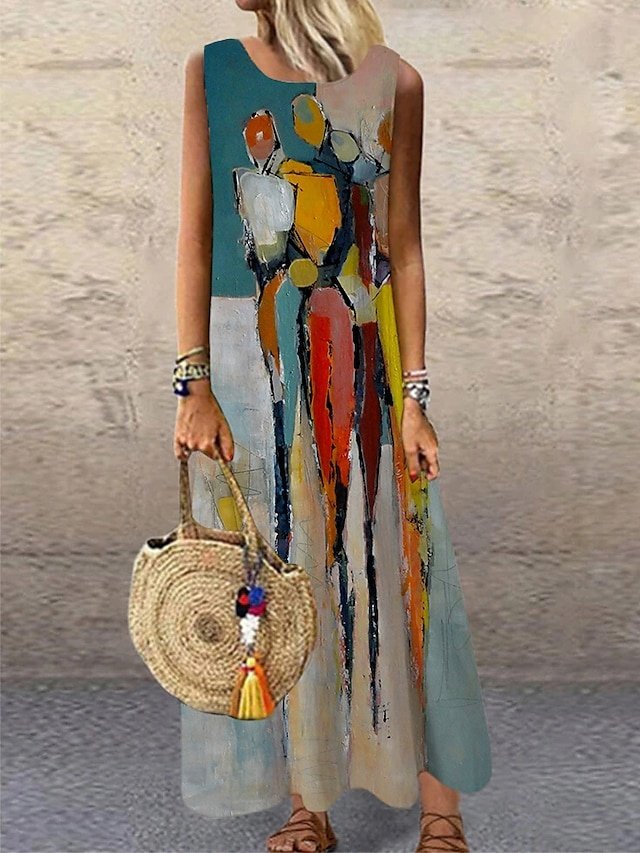 Casual Regular Fit Abstract Crew Neck Sleeveless Maxi Dress - Image 1