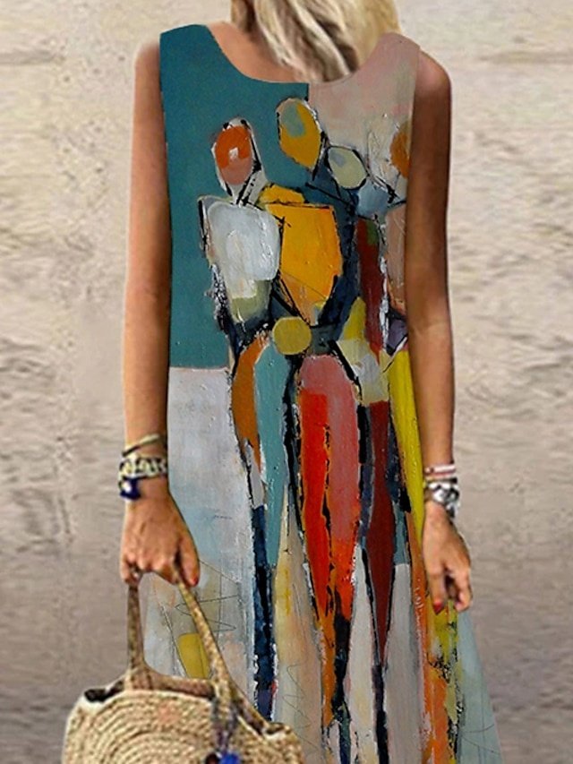 Casual Regular Fit Abstract Crew Neck Sleeveless Maxi Dress - Image 2