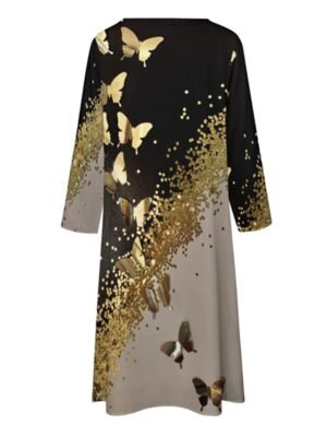 Casual Regular Fit Animal Butterfly Crew Neck 3/4 Length Sleeve Midi Dress Set - Image 3