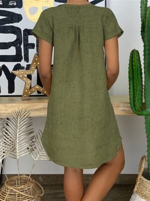 Casual Regular Fit Basic Split Neck Short Sleeve Mini Shirt Dress - Image 10