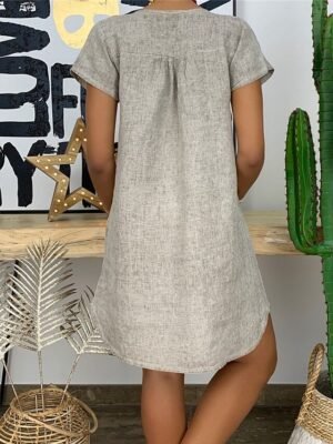 Casual Regular Fit Basic Split Neck Short Sleeve Mini Shirt Dress - Image 13