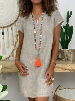 Casual Regular Fit Basic Split Neck Short Sleeve Mini Shirt Dress - Image 15