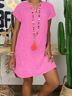Casual Regular Fit Basic Split Neck Short Sleeve Mini Shirt Dress - Image 17
