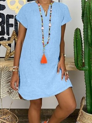 Casual Regular Fit Basic Split Neck Short Sleeve Mini Shirt Dress - Image 18