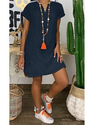 Casual Regular Fit Basic Split Neck Short Sleeve Mini Shirt Dress - Image 20