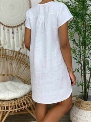 Casual Regular Fit Basic Split Neck Short Sleeve Mini Shirt Dress - Image 5