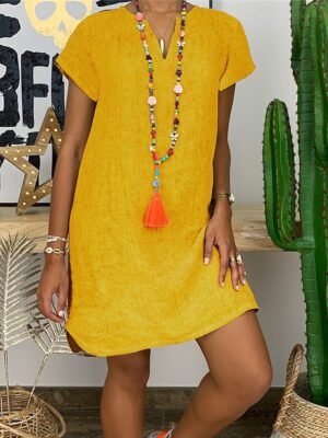 Casual Regular Fit Basic Split Neck Short Sleeve Mini Shirt Dress - Image 7