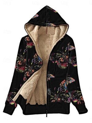 Casual Regular Fit Butterfly Zipper Hoodie Long Sleeve Fleece Jacket - Image 1