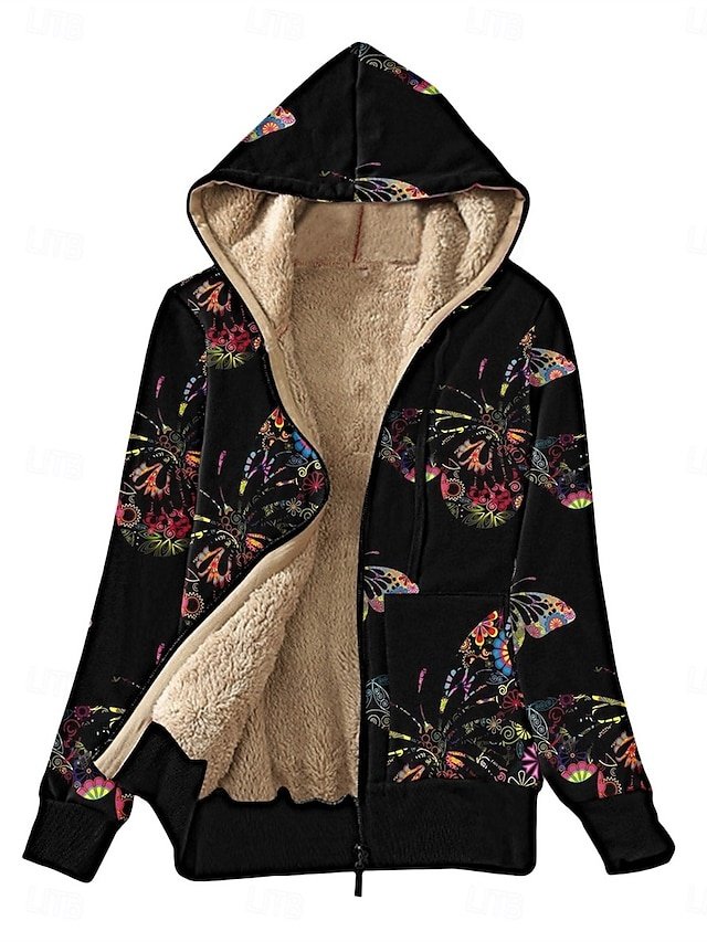 Casual Regular Fit Butterfly Zipper Hoodie Long Sleeve Fleece Jacket - Image 1