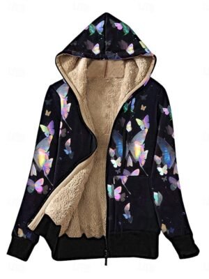 Casual Regular Fit Butterfly Zipper Hoodie Long Sleeve Fleece Jacket - Image 4
