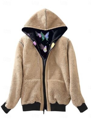 Casual Regular Fit Butterfly Zipper Hoodie Long Sleeve Fleece Jacket - Image 6