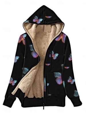 Casual Regular Fit Butterfly Zipper Hoodie Long Sleeve Fleece Jacket - Image 7