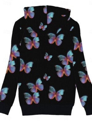 Casual Regular Fit Butterfly Zipper Hoodie Long Sleeve Fleece Jacket - Image 8