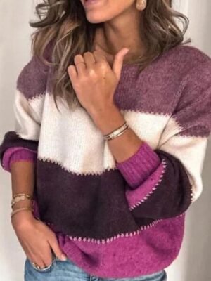 Casual Regular Fit Color Block Crew Neck Long Sleeve Knitted Sweater - Image 3