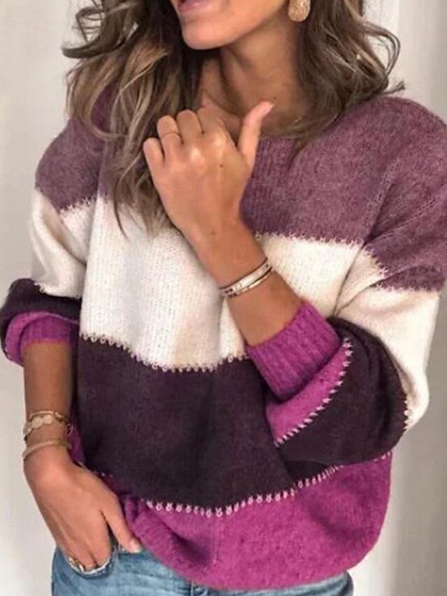 Casual Regular Fit Color Block Crew Neck Long Sleeve Knitted Sweater - Image 3